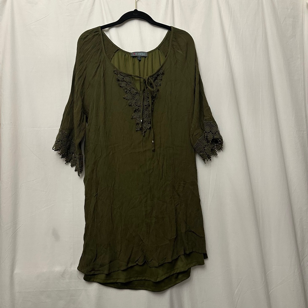 Love Delirious Olive Green Crochet Lace Trim Tunic Top 1X DD056X Boho Rayon